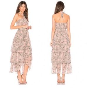 MISA Valeria Halter neck Tiered Floral Dress Pink Grey M